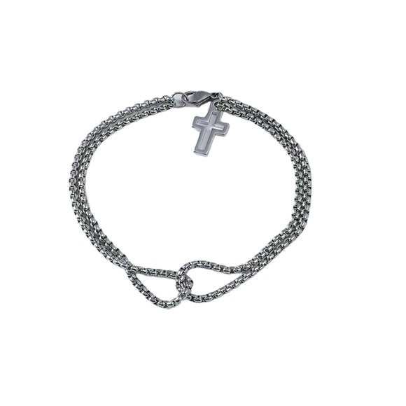 Silver Titanium Steel Double Chain Unisex Cross Bracelet - Picture 4 of 5